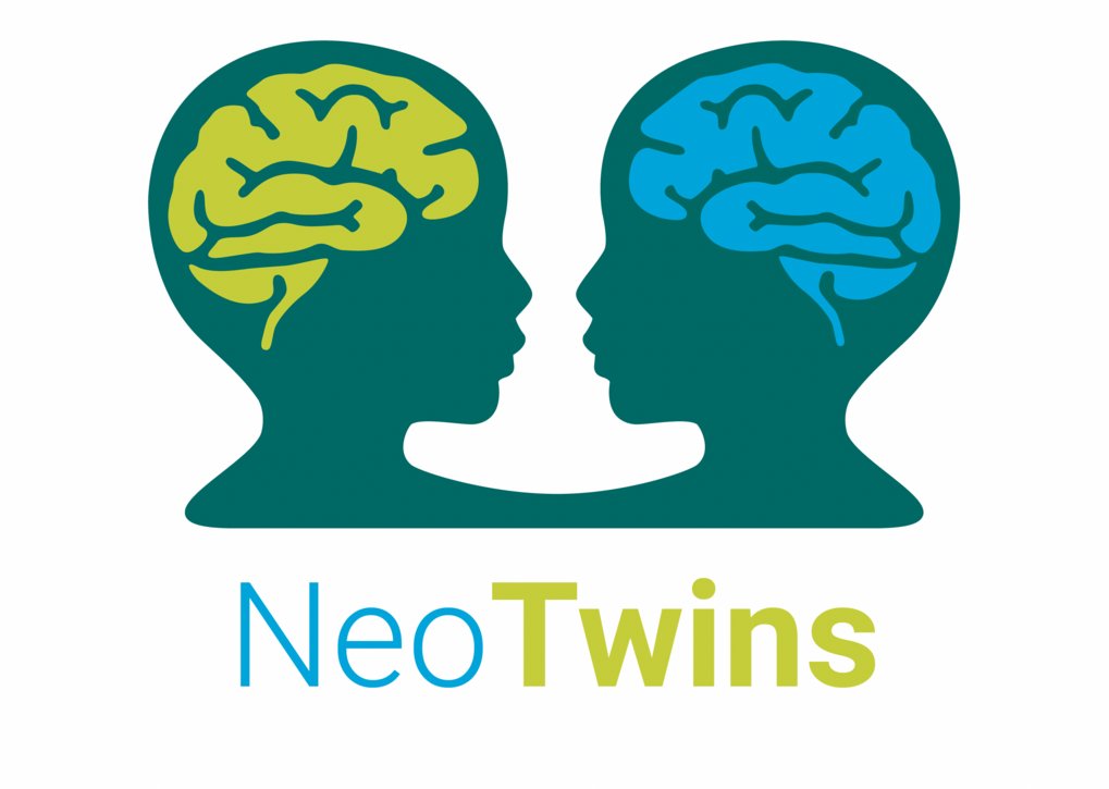 Two stylized profile heads with differently colored brains. Below them is the word “NeoTwins” in blue and green lettering.