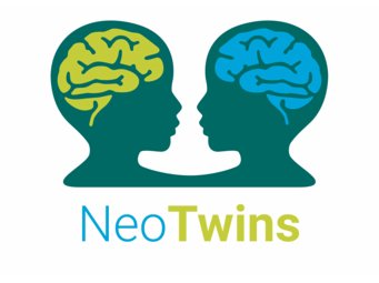 Zwei stilisierte Profilköpfe mit farblich unterschiedenen Gehirnen. Darunter steht NeoTwins in blauer und grüner Schrift.