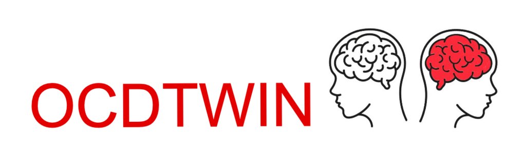 The letters “OCDTWIN” in red, next to two stylized profile views of heads, one with a red brain.
