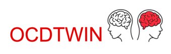 The letters “OCDTWIN” in red, next to two stylized profile views of heads, one with a red brain.