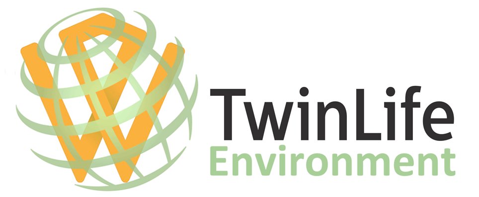 Firmenlogo mit stilisierter Kugel in Grün und Orange, daneben der Schriftzug „TwinLife Environment“ in Schwarz und Grün.