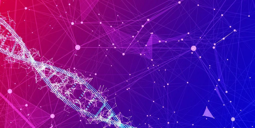 Abstract representation of a DNA strand within a colorful network of nodes and connections on a magenta-blue gradient background.